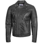 Mens Biker Leather Jacket Dual Zip Hook Black