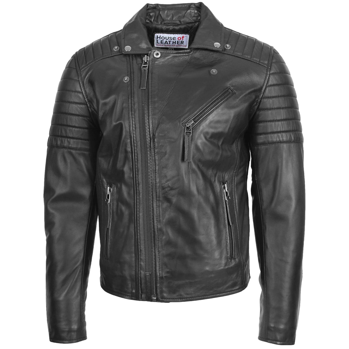 Mens Biker Leather Jacket Dual Zip Hook Black