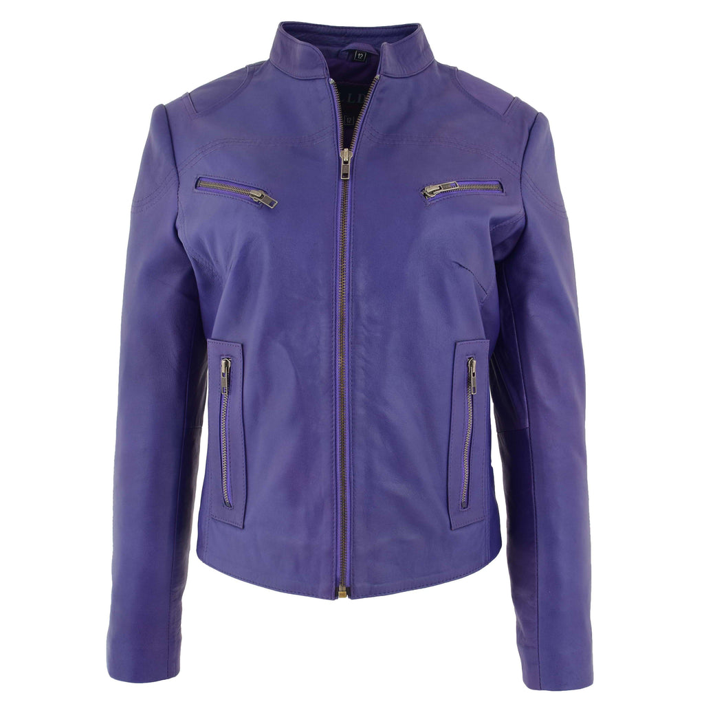 Womens Leather Standing Collar Jacket Becky Purple