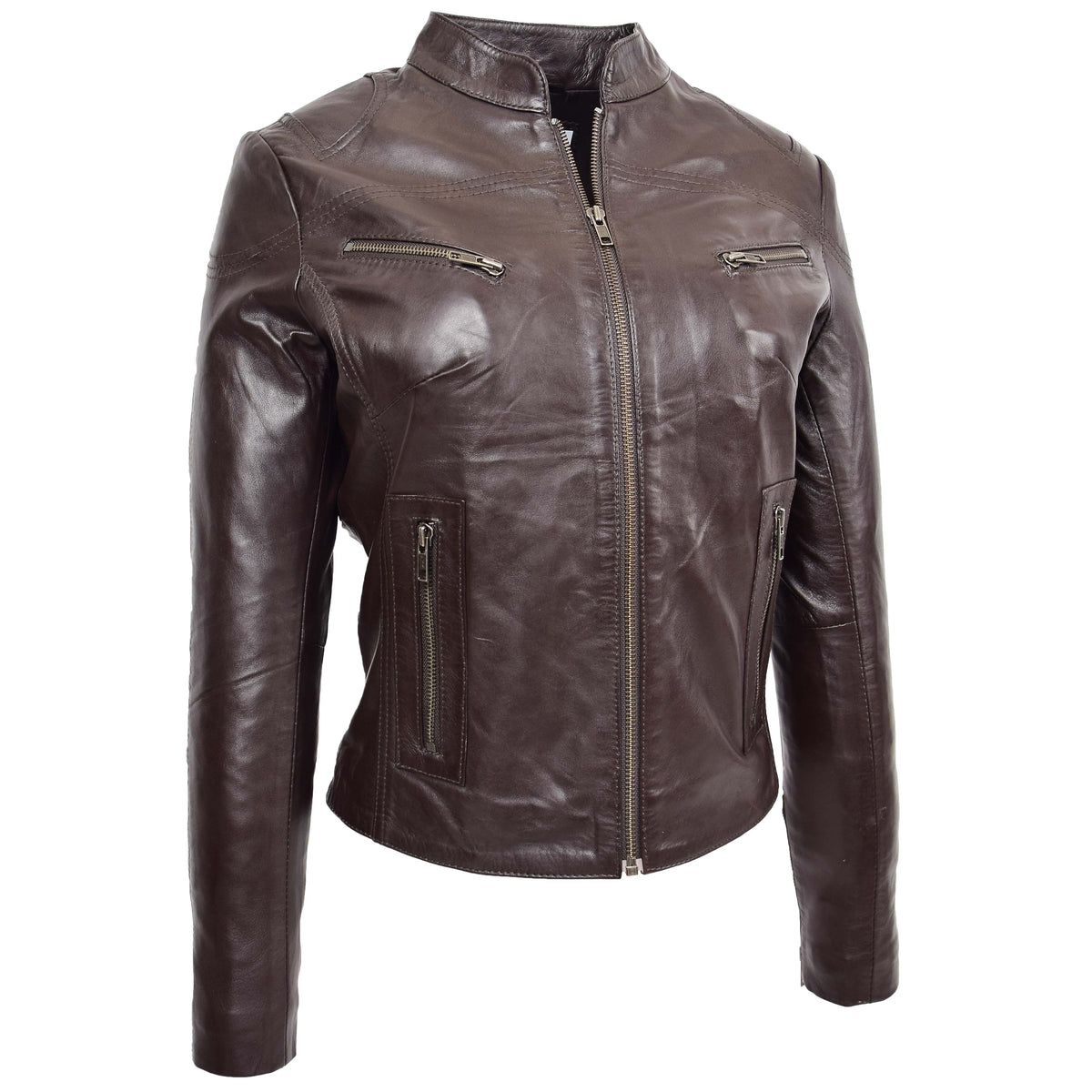 Womens Leather Standing Collar Jacket Becky Brown
