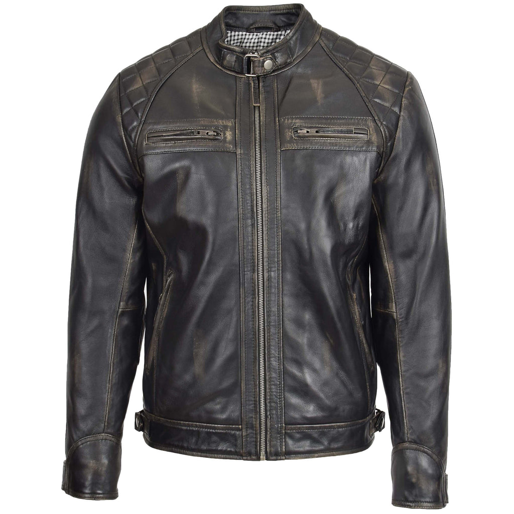Mens Biker Leather Jacket Standing Collar Bowie Rub Off