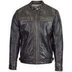 Mens Biker Leather Jacket Standing Collar Bowie Rub Off