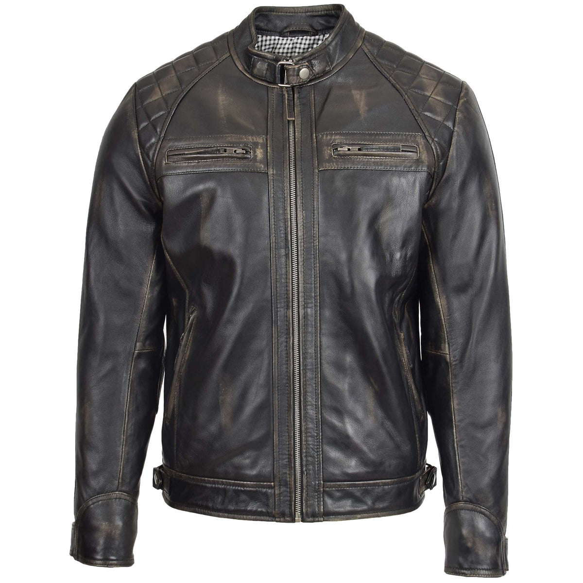 Mens Biker Leather Jacket Standing Collar Bowie Rub Off