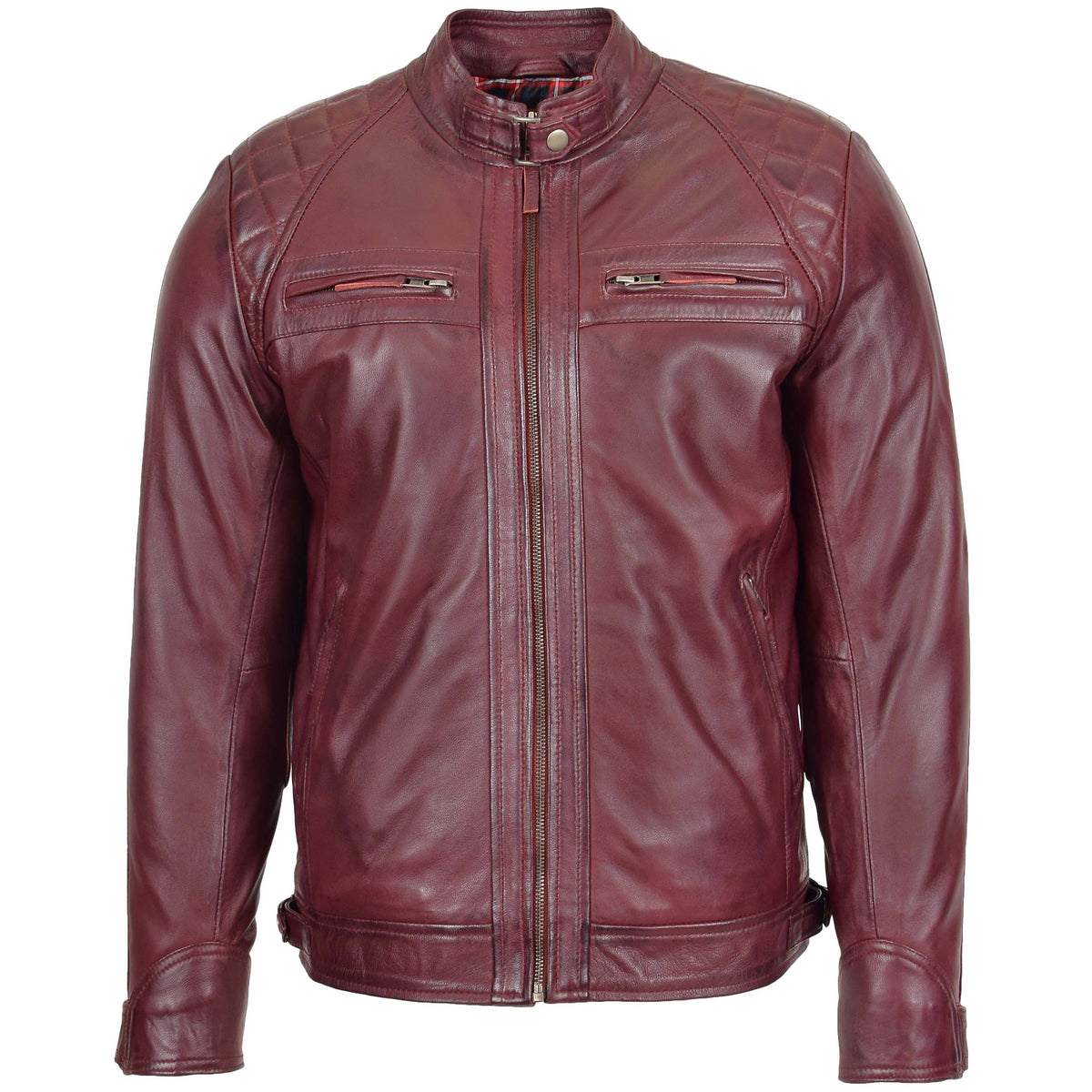 Mens Biker Leather Jacket Standing Collar Bowie Burgundy