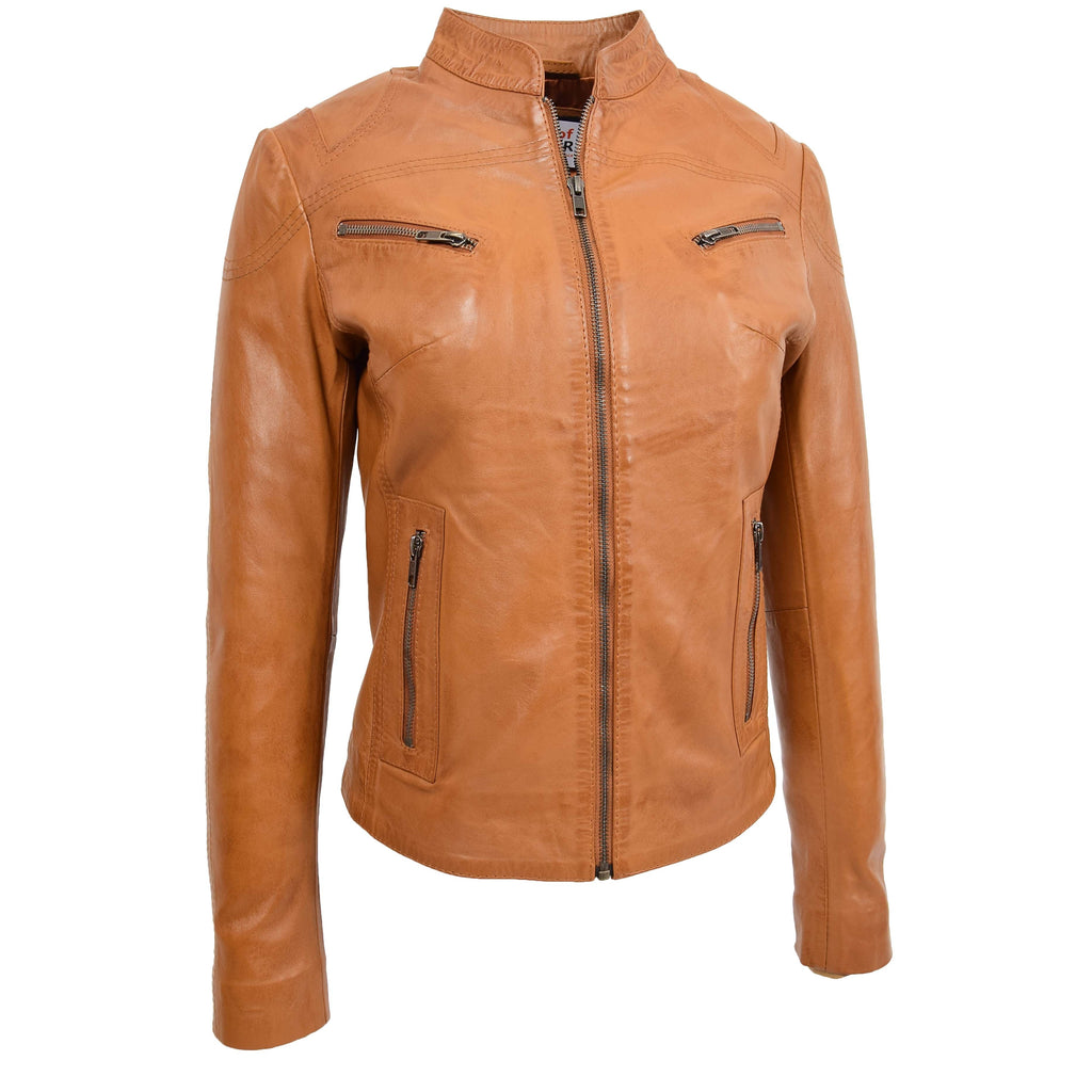 Womens Leather Standing Collar Jacket Becky Tan