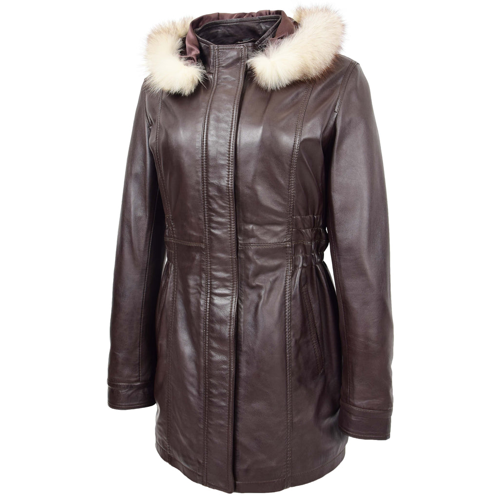 Womens Detachable Hoodie Leather Coat Kathy Brown