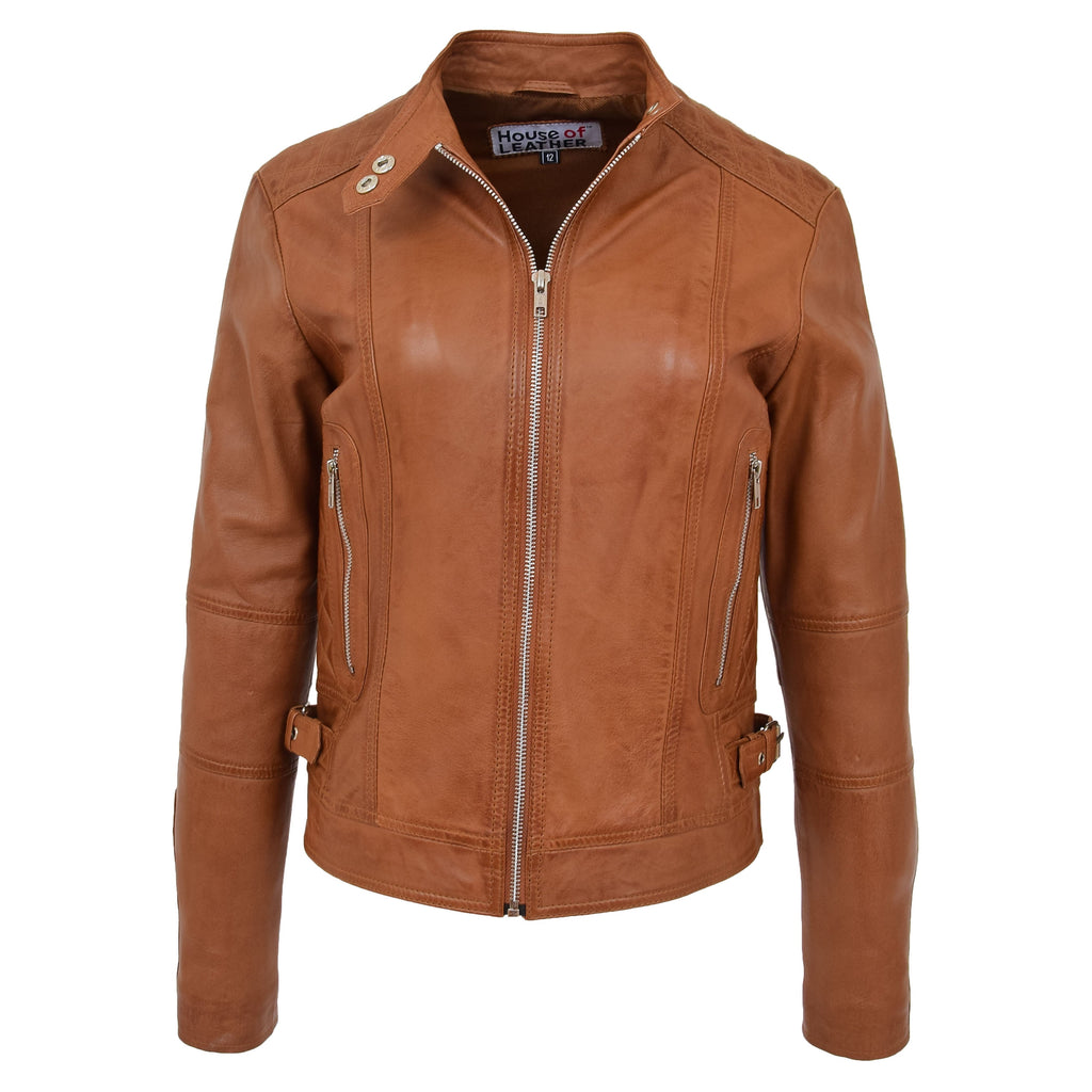 Womens Soft Leather Casual Zip Biker Jacket Ruby Tan