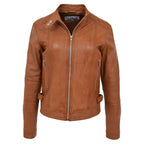 Womens Soft Leather Casual Zip Biker Jacket Ruby Tan