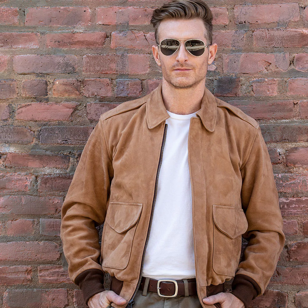 Men’s Light Brown Goatskin Suede A-2 Flight Jacket