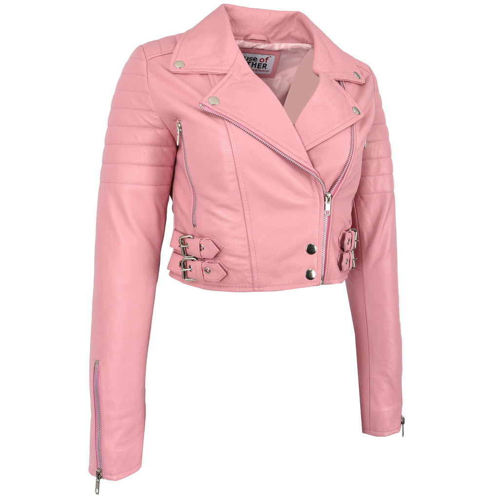 Womens Leather Cropped Biker Style Jacket Demi Baby Pink