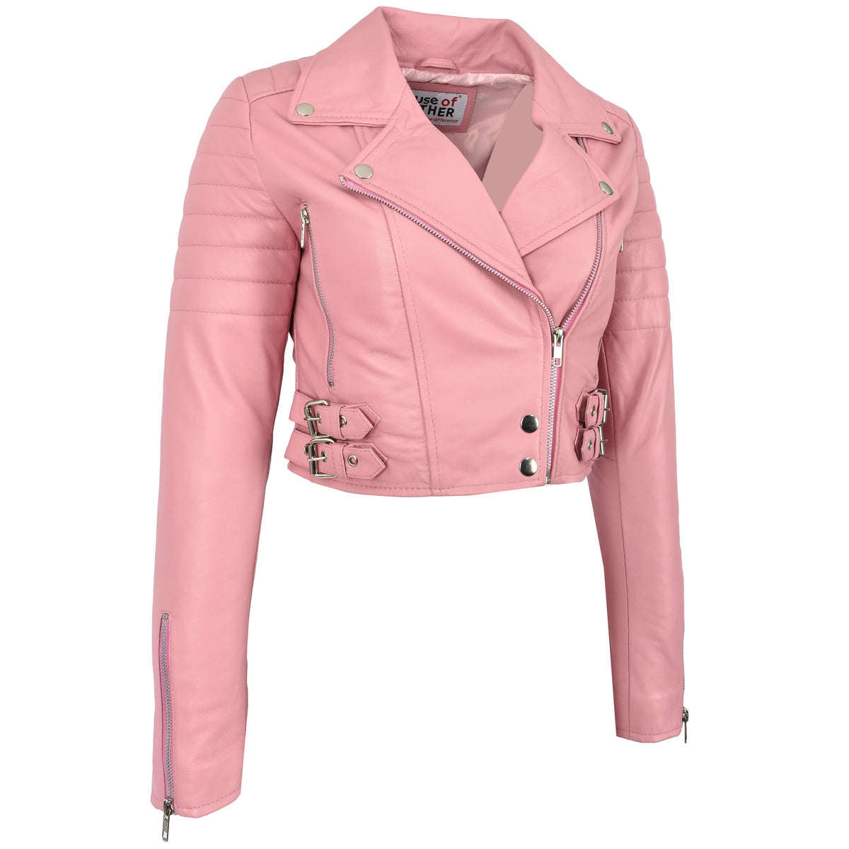 Womens Leather Cropped Biker Style Jacket Demi Baby Pink