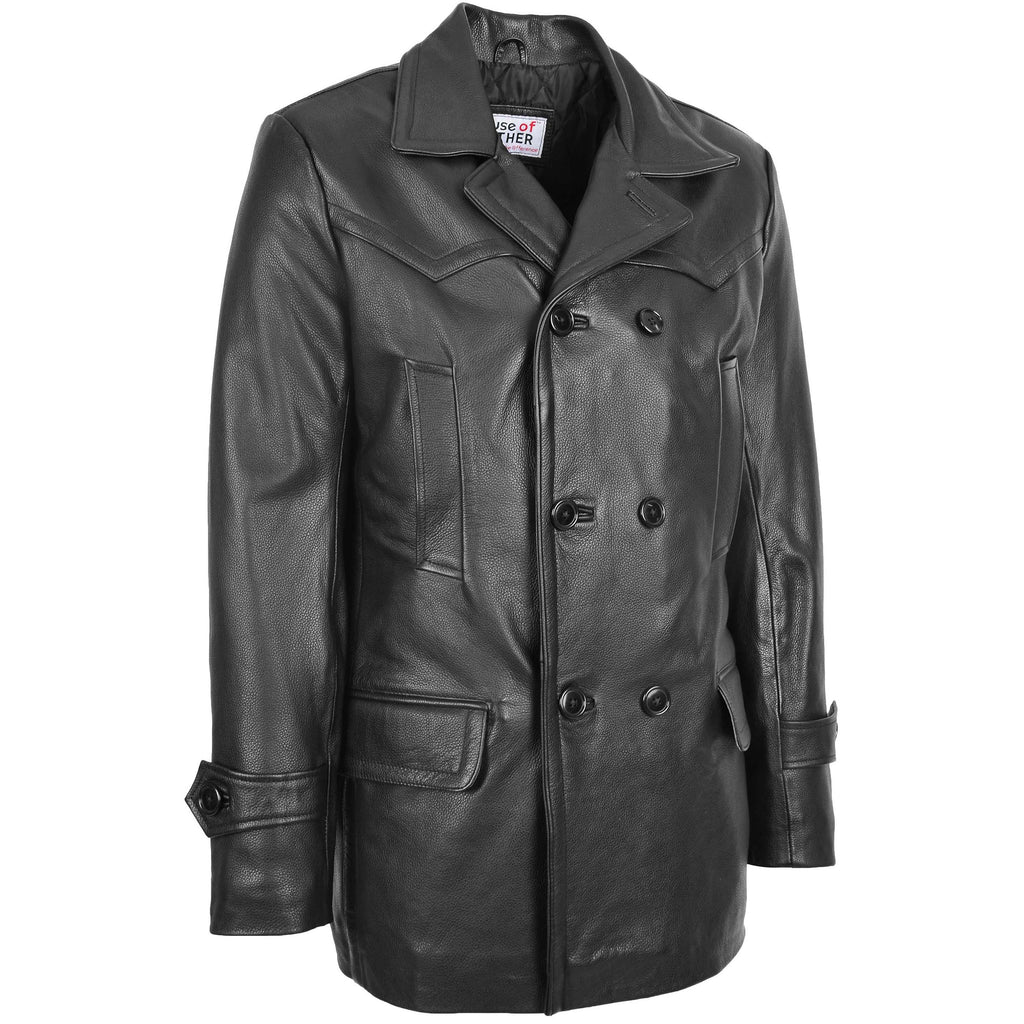 Mens Double Breasted Leather Peacoat Salcombe Black