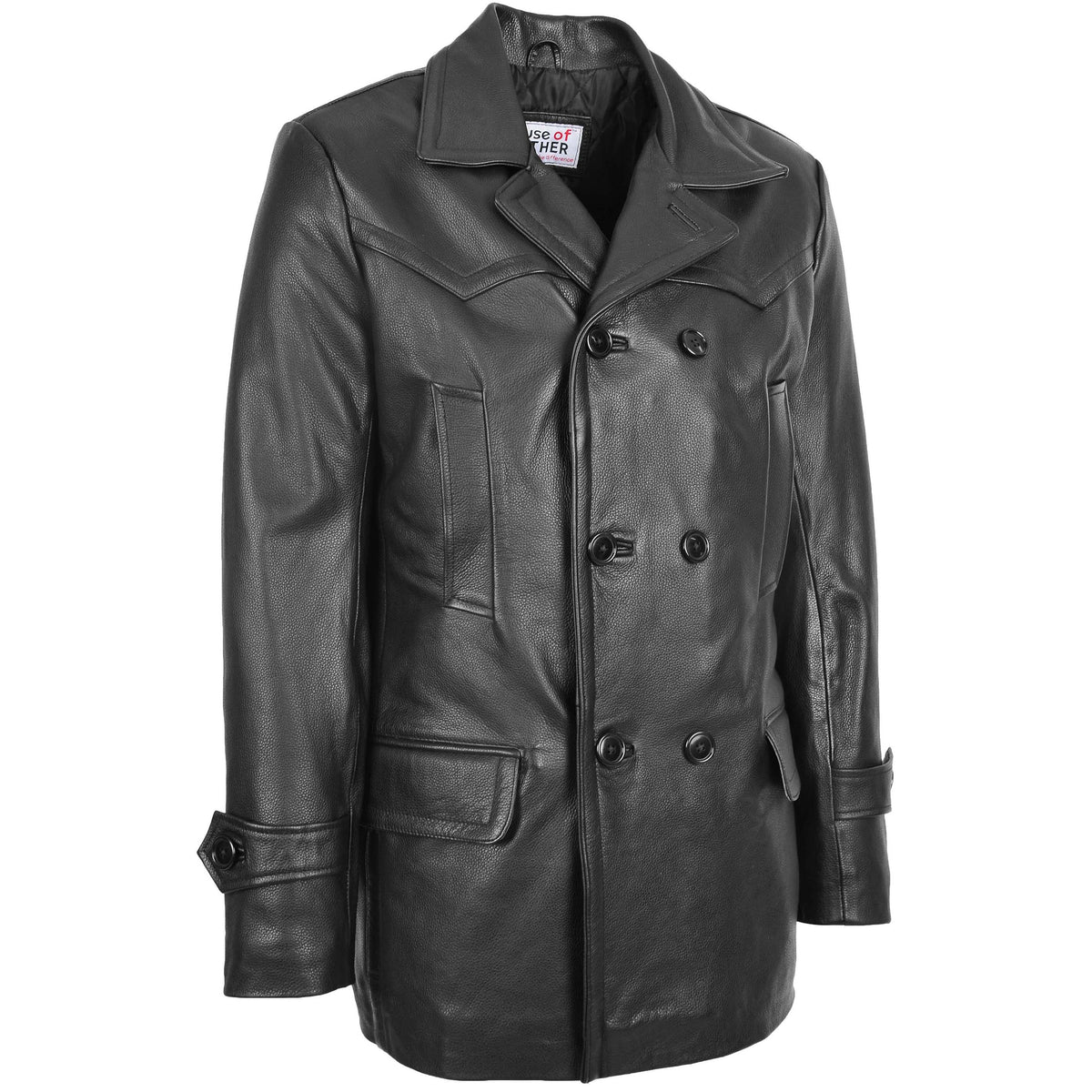 Mens Double Breasted Leather Peacoat Salcombe Black