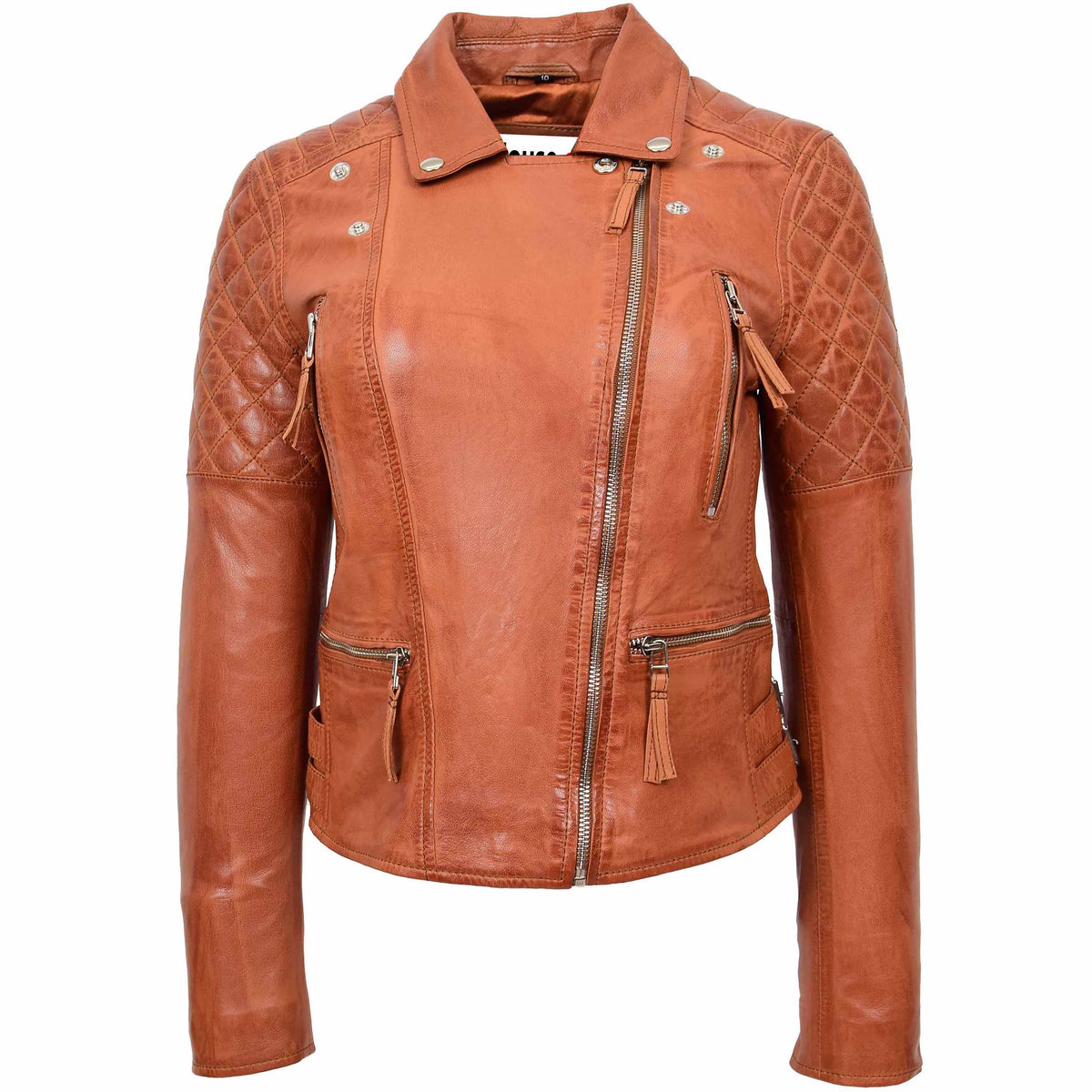 Womens Cross Zip Biker Leather Jacket Claudia Cognac