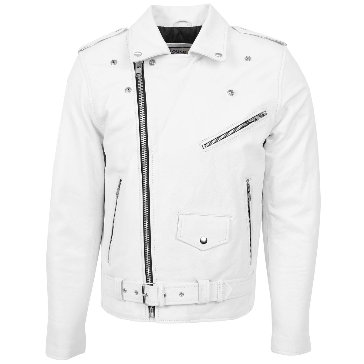 Mens Heavy Duty Leather Biker Brando Jacket Kyle White