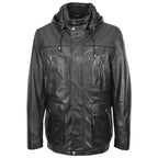 Mens Leather Parka Detachable Hoodie Logan Black