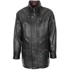 Mens Leather Winter Car Coat Hip Length Jason Black Brown Trim