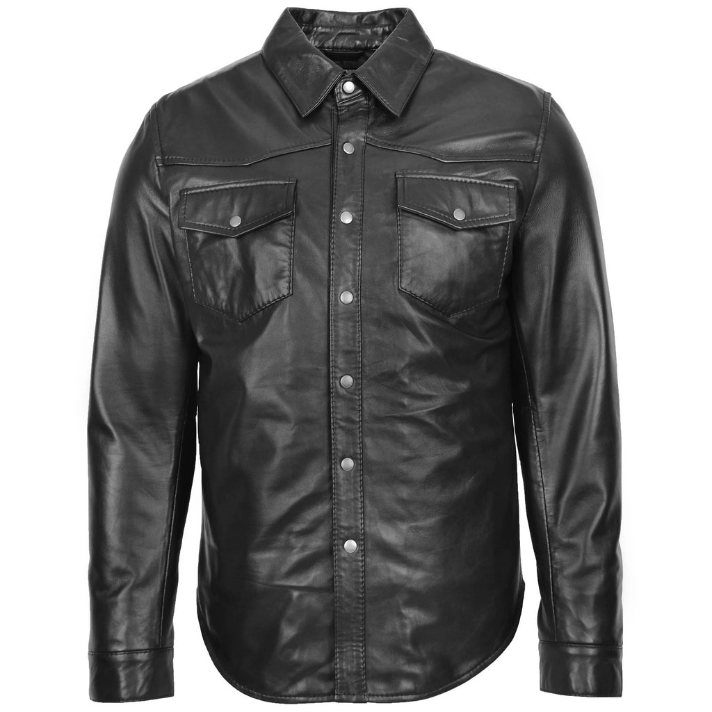 Mens Leather Shirt Classic Trucker Style Oliver Black
