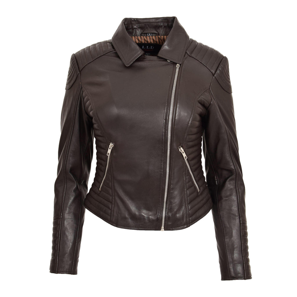 Womens Soft Leather Cross Zip Biker Jacket Anna Brown