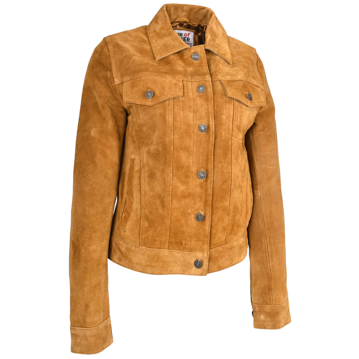 Womens Soft Suede Trucker Style Jacket Alma Tan