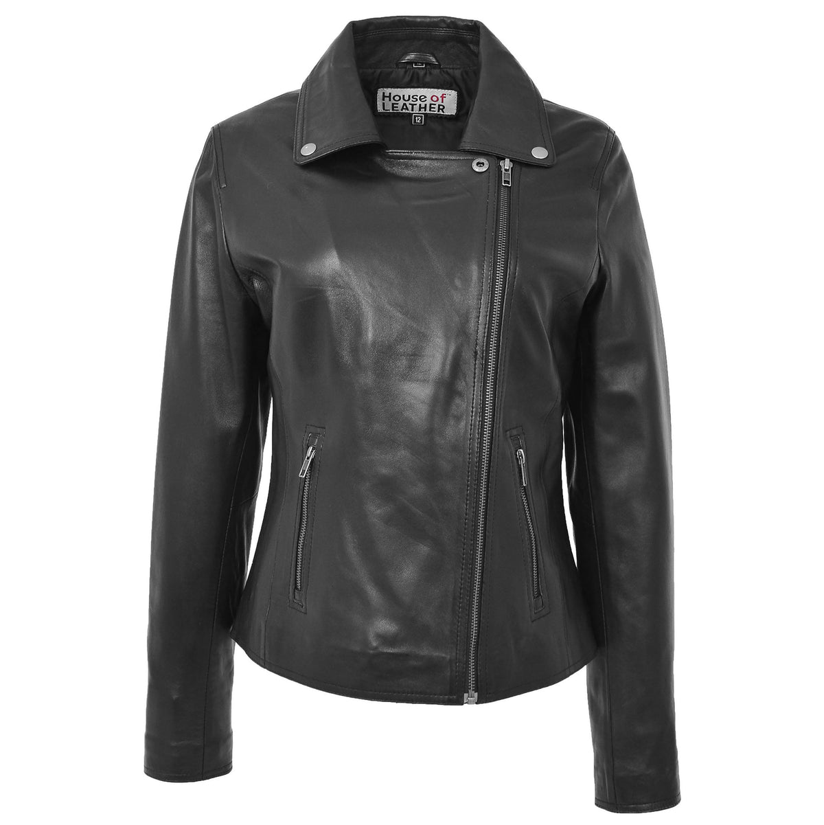 Womens Soft Leather Cross Zip Biker Jacket Lola Black