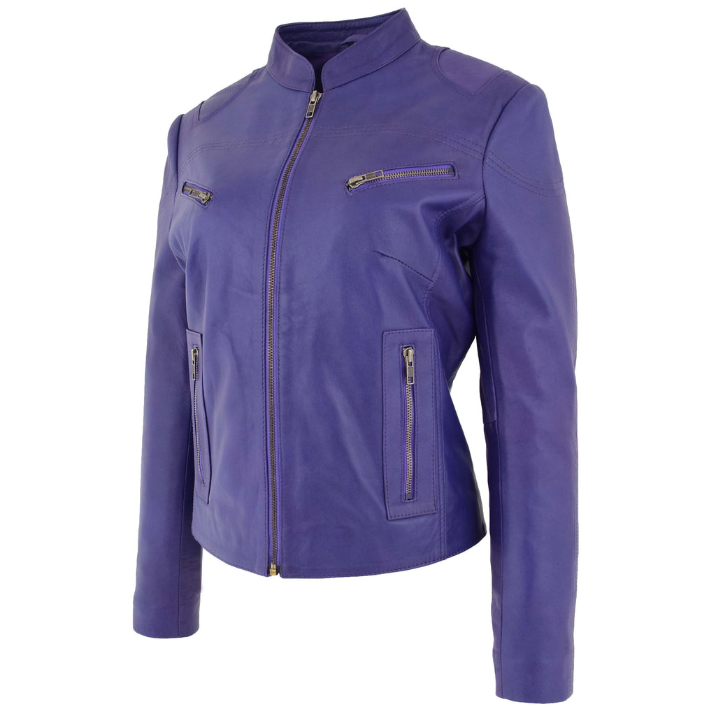 Womens Leather Standing Collar Jacket Becky Purple