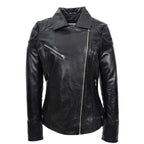 Womens Real Leather Biker Jacket Cross Zip Pockets Cherry Black