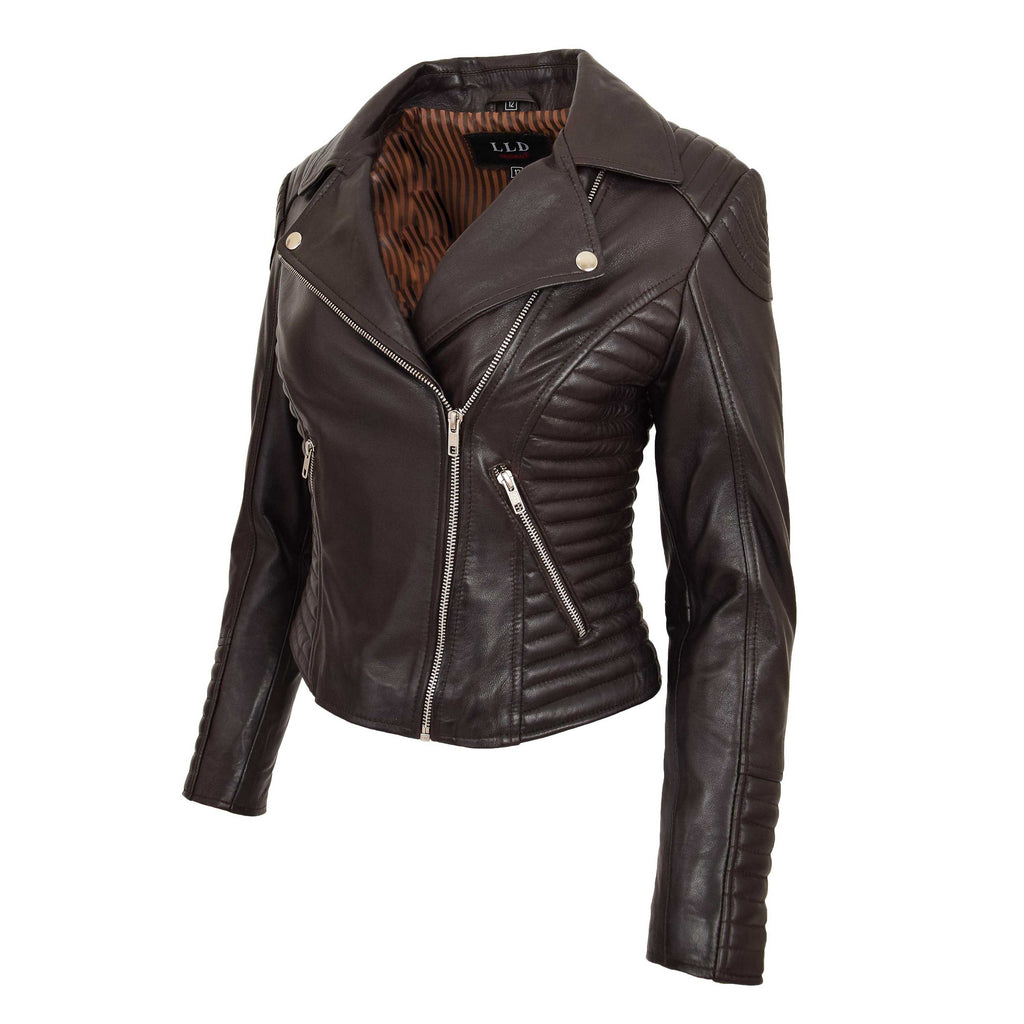 Womens Soft Leather Cross Zip Biker Jacket Anna Brown