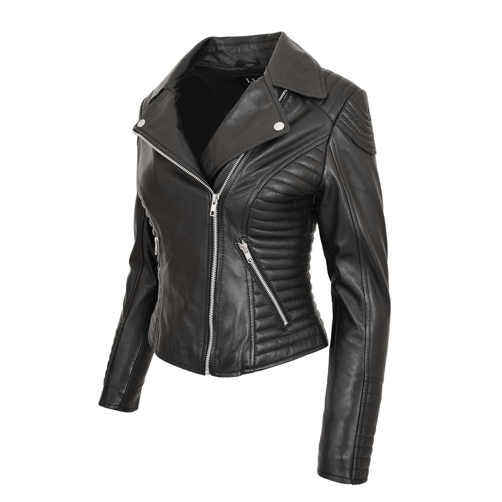 Womens Soft Leather Cross Zip Biker Jacket Anna Black