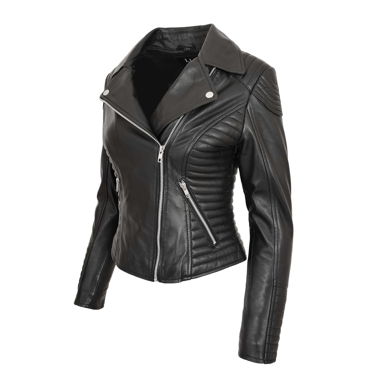 Womens Soft Leather Cross Zip Biker Jacket Anna Black