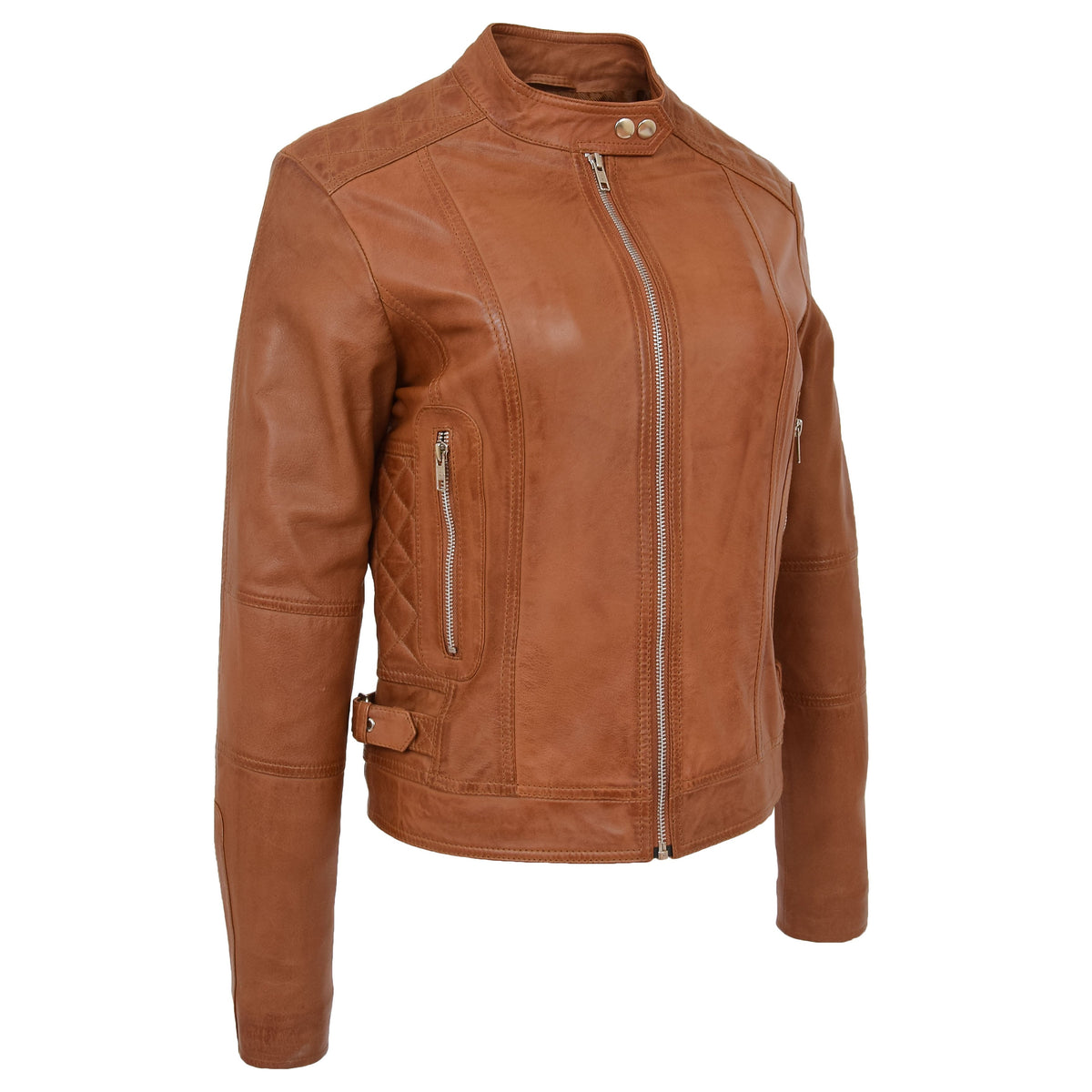 Womens Soft Leather Casual Zip Biker Jacket Ruby Tan