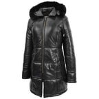 Womens 3/4 Length Leather Puffer Coat Lisa Black