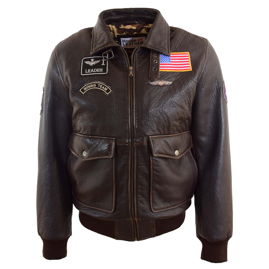 Mens Real Leather G-1 Bomber Jacket Airforce Badges Finch Brown