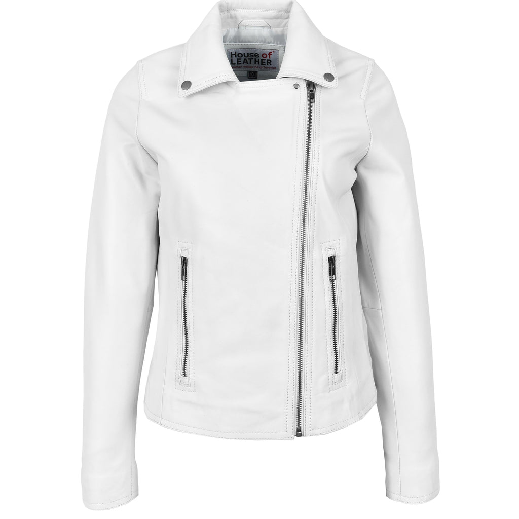 Womens Soft Leather Cross Zip Biker Jacket Lola White