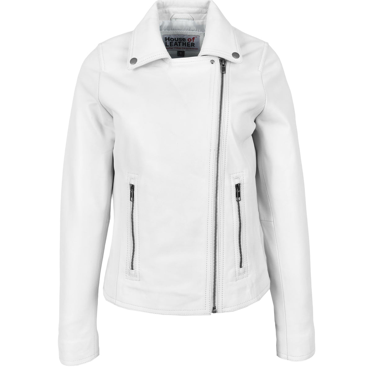 Womens Soft Leather Cross Zip Biker Jacket Lola White