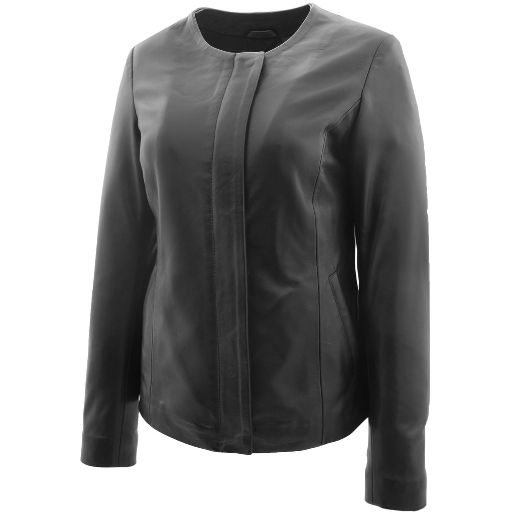 Womens Real Leather Collarless Jacket Moreno Black