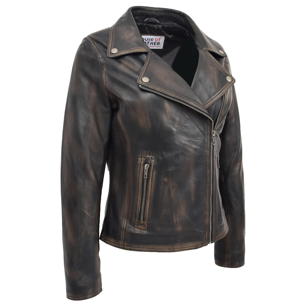 Womens Soft Leather Cross Zip Biker Jacket Lola Vintage Black