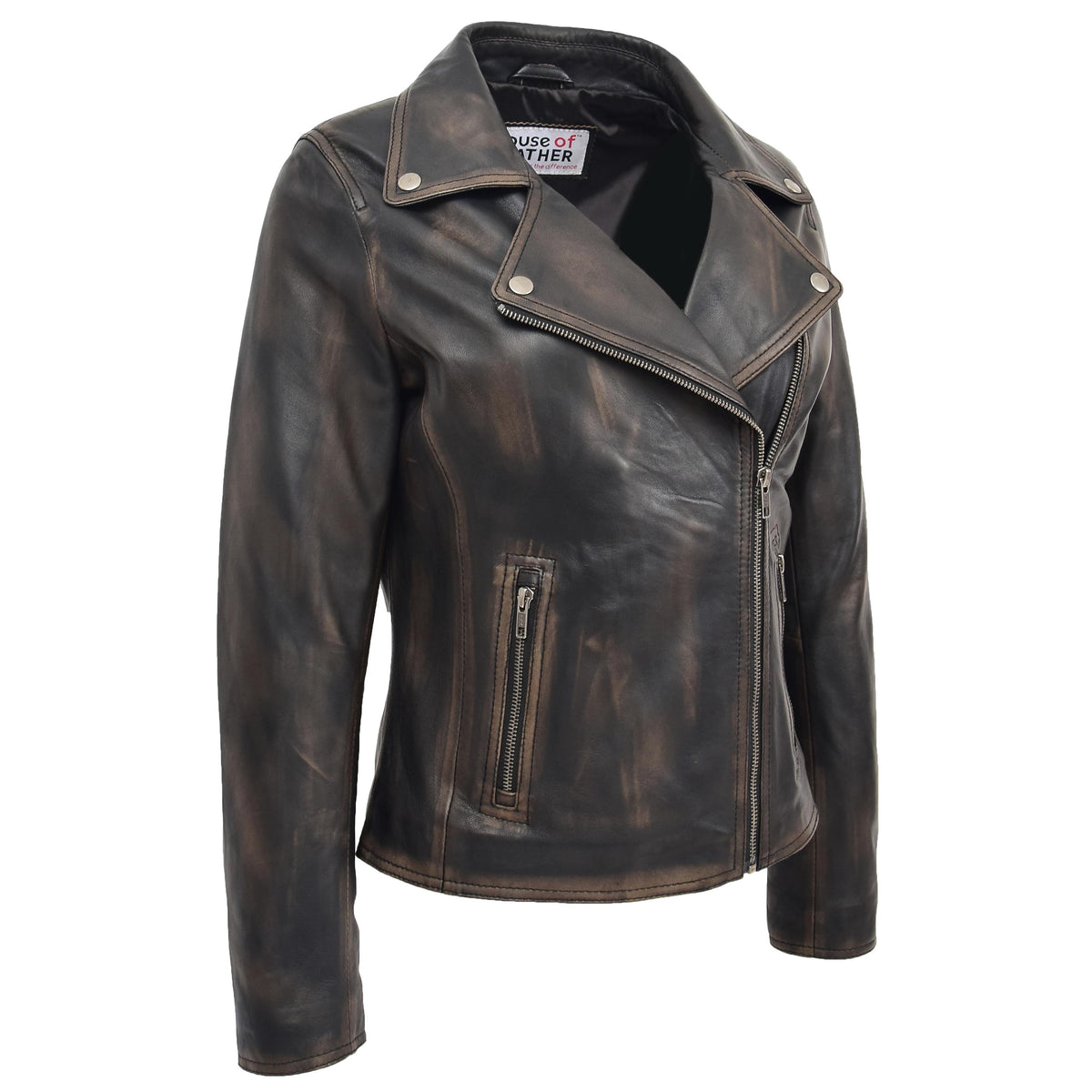 Womens Soft Leather Cross Zip Biker Jacket Lola Vintage Black