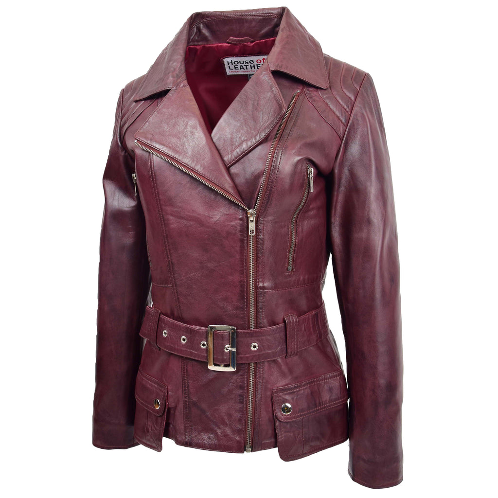 Womens Leather Hip Length Biker Jacket Celia Burgundy