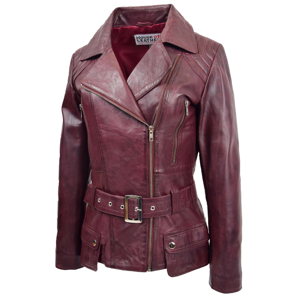 Womens Leather Hip Length Biker Jacket Celia Burgundy