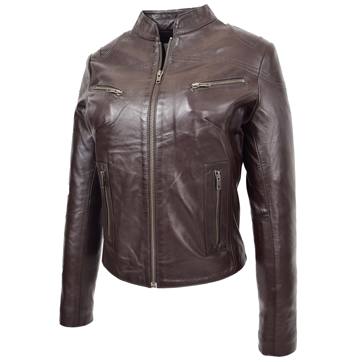 Womens Leather Standing Collar Jacket Becky Brown