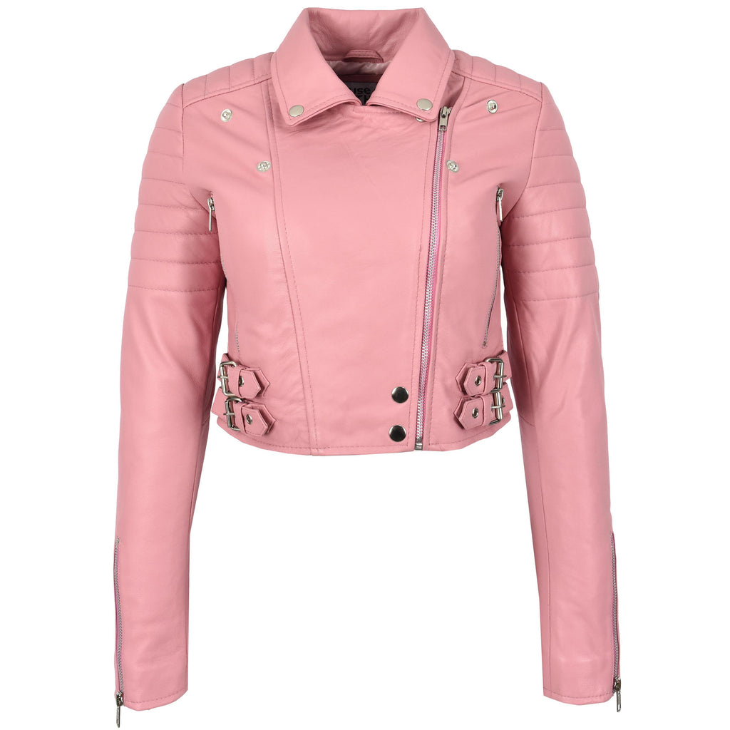 Womens Leather Cropped Biker Style Jacket Demi Baby Pink