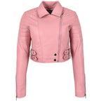 Womens Leather Cropped Biker Style Jacket Demi Baby Pink