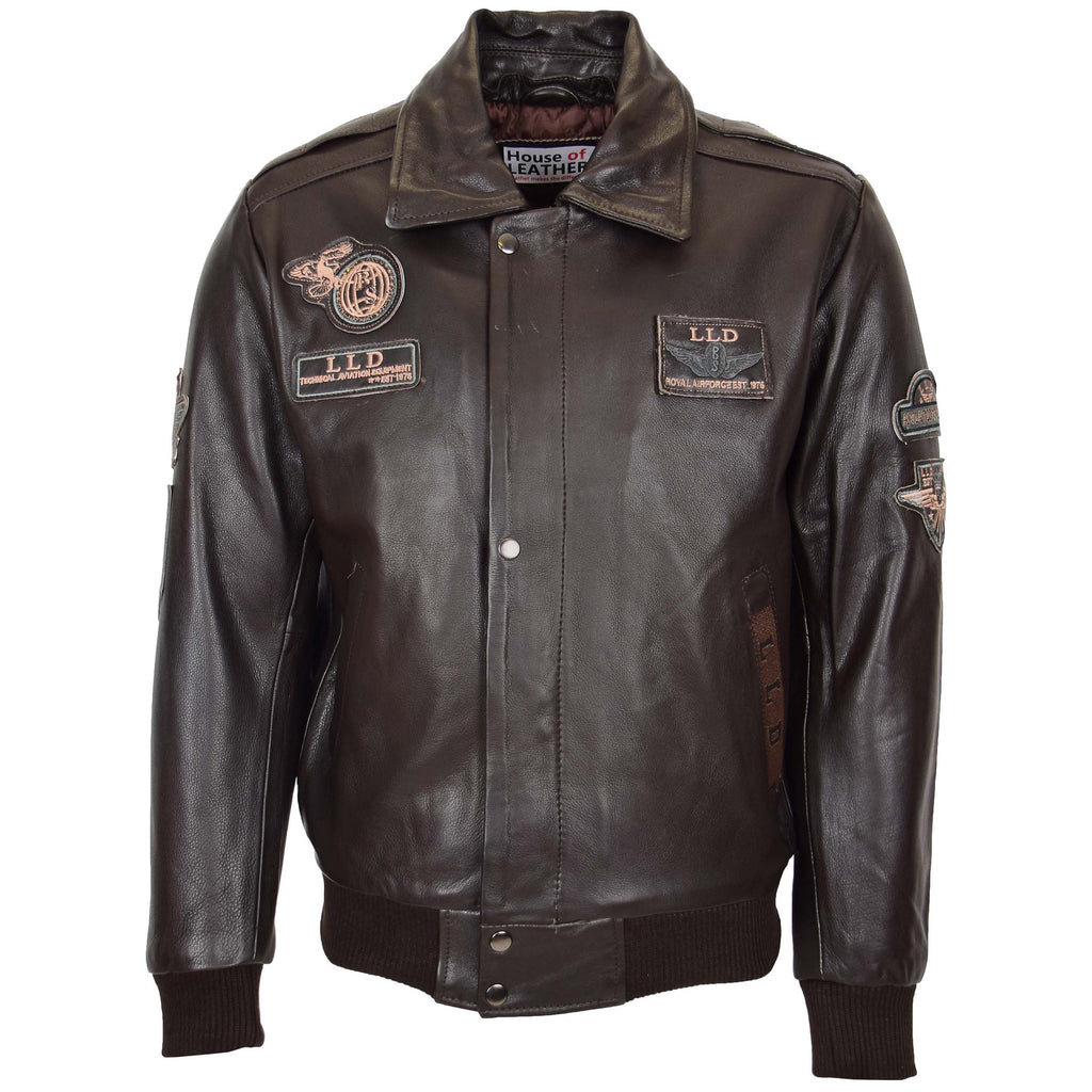 Mens Leather Jacket with Detachable Collar Pilot-N Brown