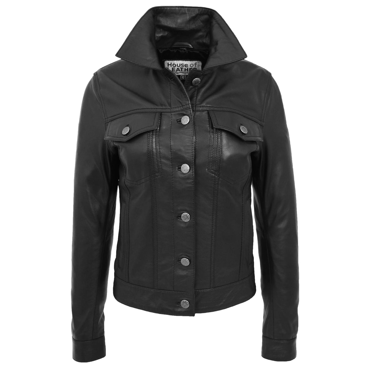 Womens Soft Leather Trucker Style Jacket Alma Black
