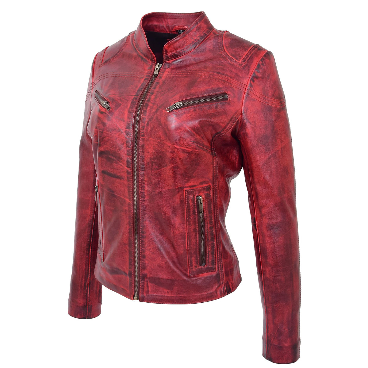 Womens Leather Standing Collar Jacket Becky Burnt Red
