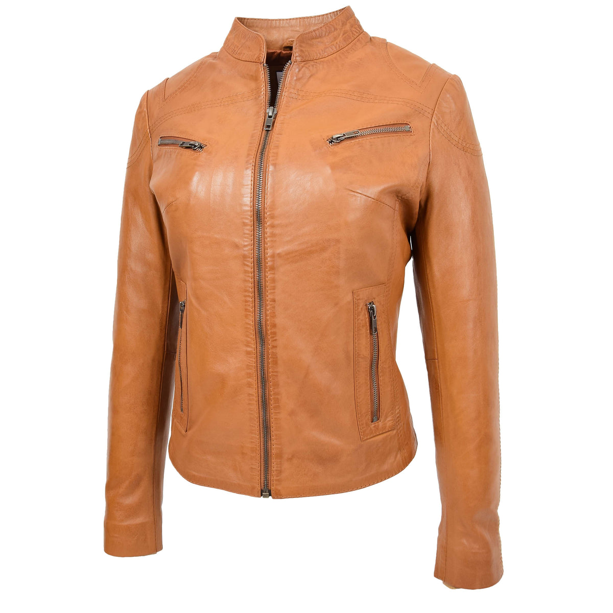 Womens Leather Standing Collar Jacket Becky Tan