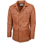 Mens Button Fastening Reefer Leather Jacket Jerry Tan