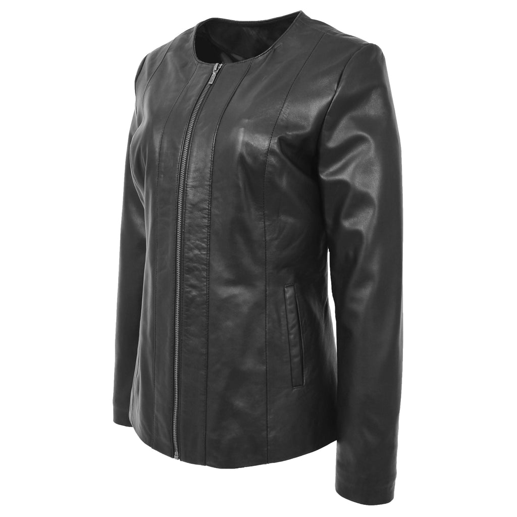Womens Classic Soft Leather Collarless Jacket Jade Black