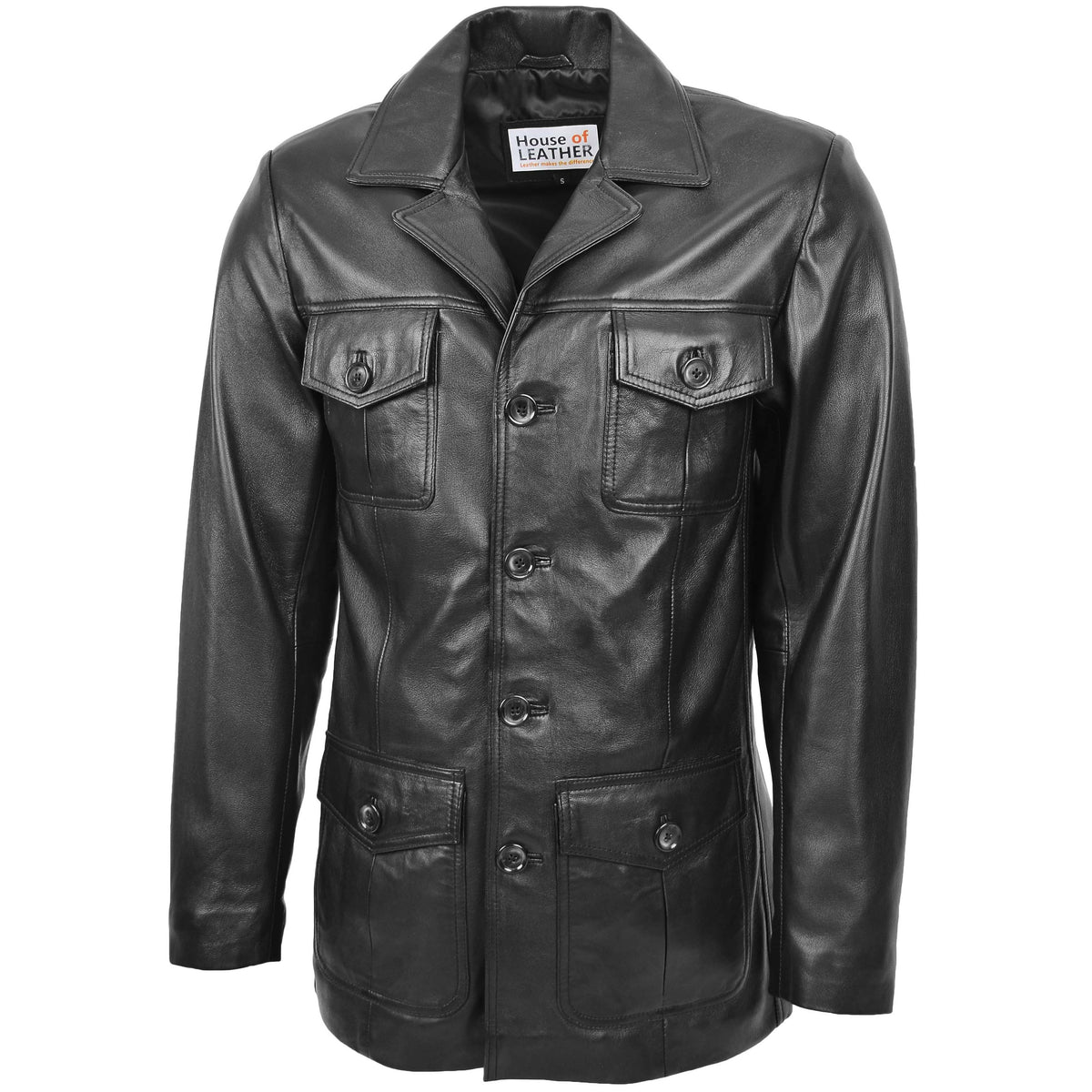 Mens Button Fastening Reefer Leather Jacket Jerry Black